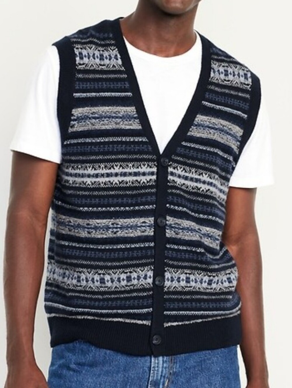 Old Navy Gray And Navy Patterned Knit Button-Front Sweater Vest